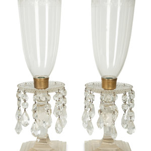 Appraisal: A Pair of English Etched Glass Hurricane Candlesticks Late th