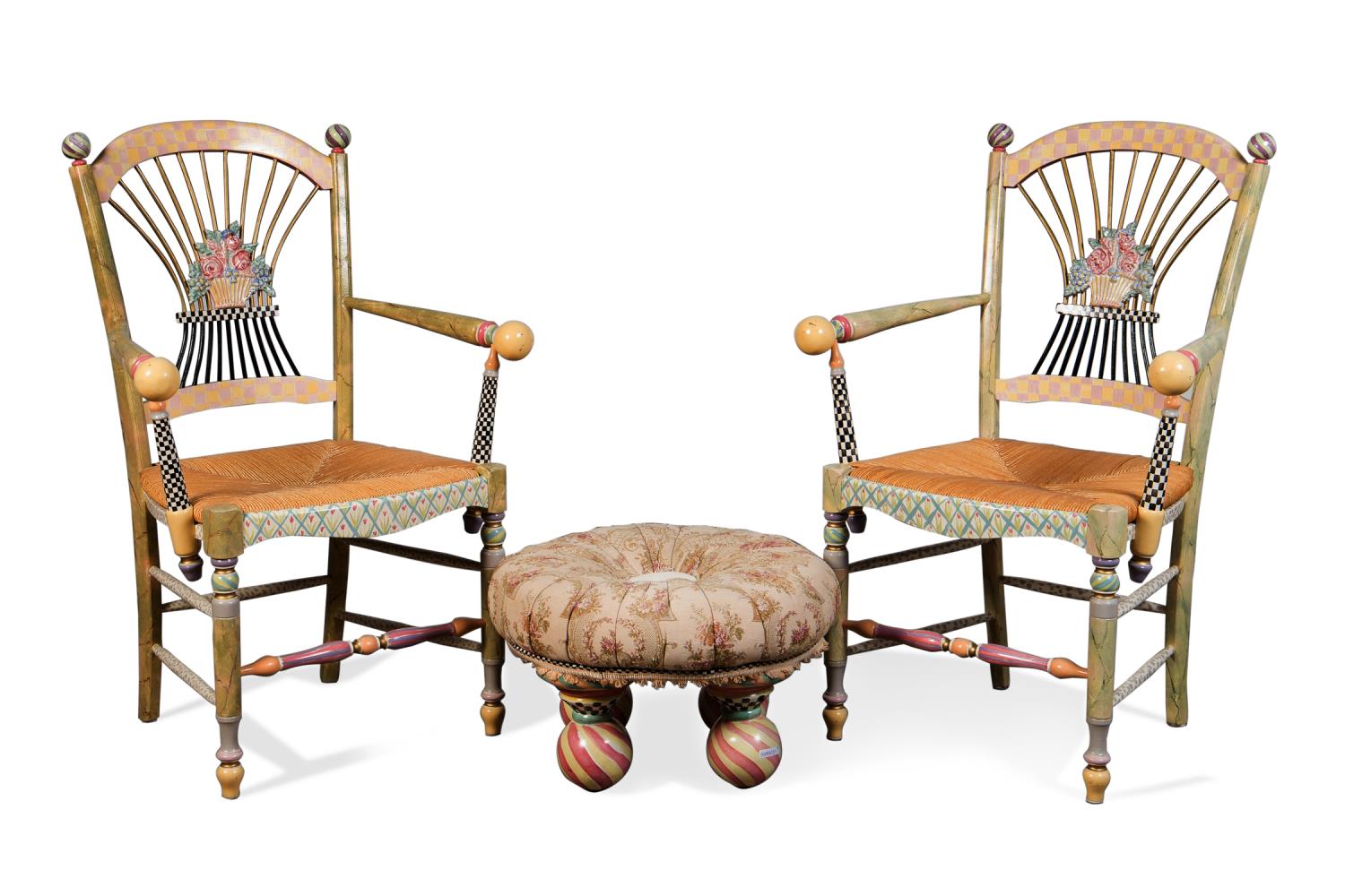 Appraisal: MACKENZIE-CHILDS PAIR OF ARMCHAIRS TUFFET Three piece group of Mackenzie-Childs