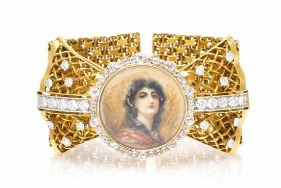 Appraisal: A Karat Yellow Gold Diamond and Portrait Miniature Bracelet containing