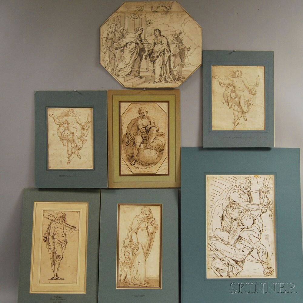 Appraisal: School of Luca Cambiaso Italian - Seven Unframed Ink Drawings