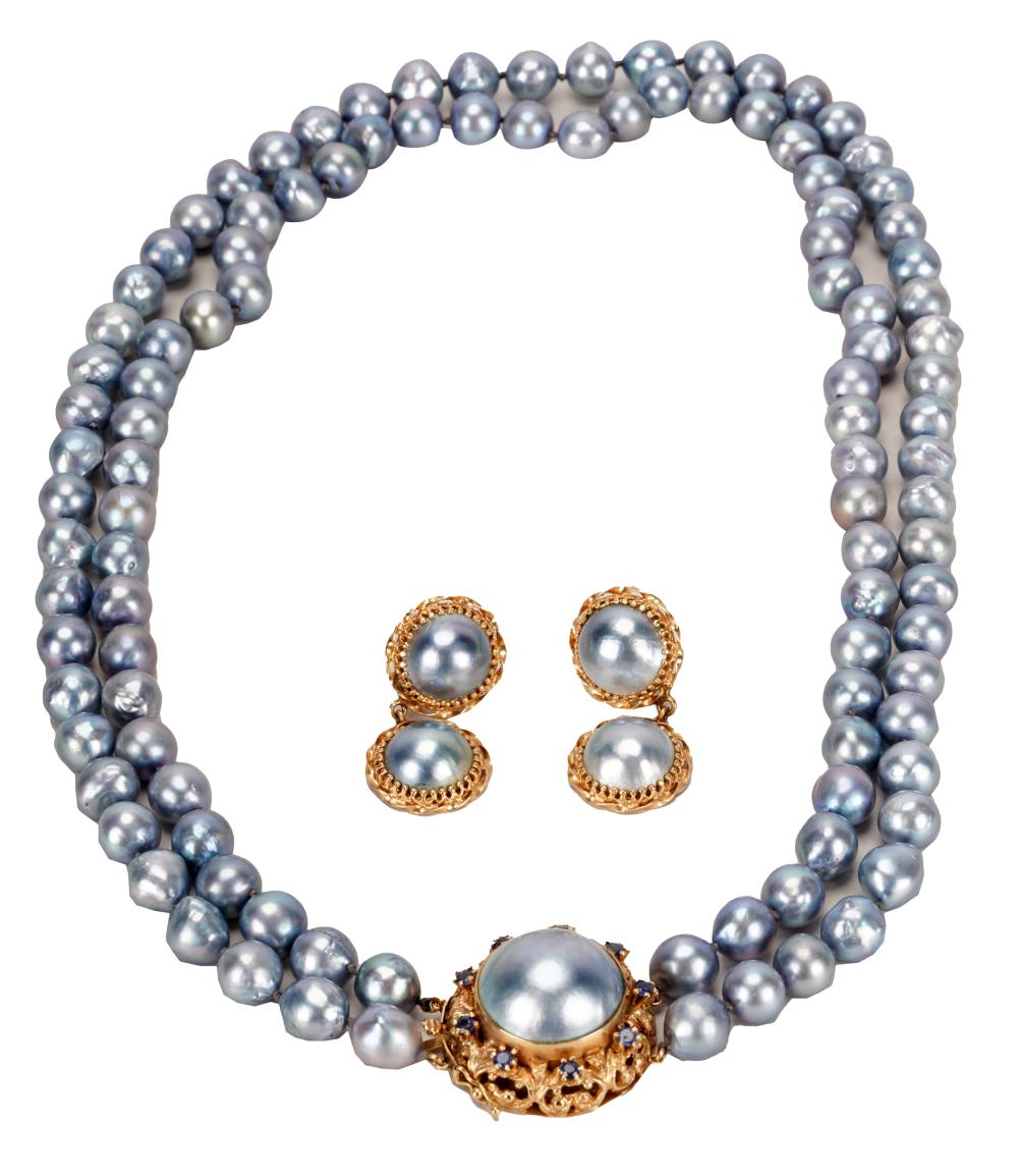 Appraisal: SUITE OF KARAT YELLOW GOLD PEARL SAPPHIRE JEWELRYcomprising a necklace