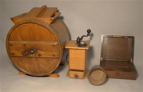 Appraisal: COLLECTION OF MISCELLANEOUS TREENWARE Comprising a storage barrel a coffee