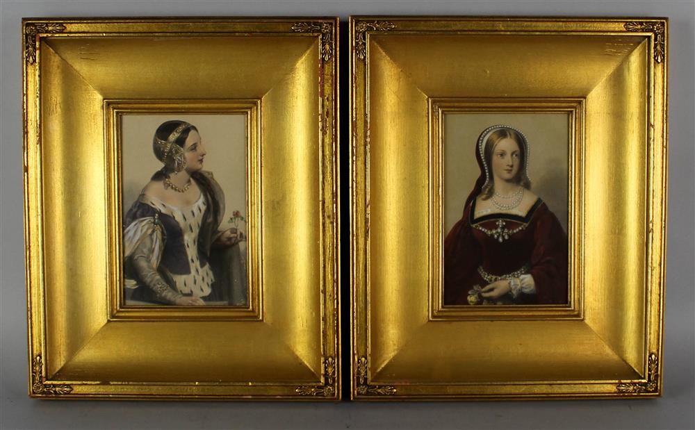 Appraisal: TH CENTURY TWO PORTRAITS OF RENAISSANCE WOMEN Engraving with hand-coloring