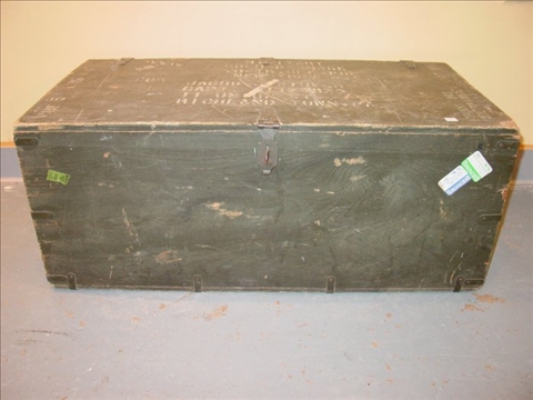 Appraisal: MILITARY GREEN PAINTED WOOD TRUNK Stenciled Jacob R Stover h