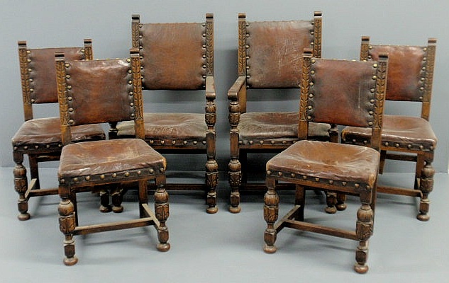 Appraisal: Set of six Jacobean style oak and leather chairs two