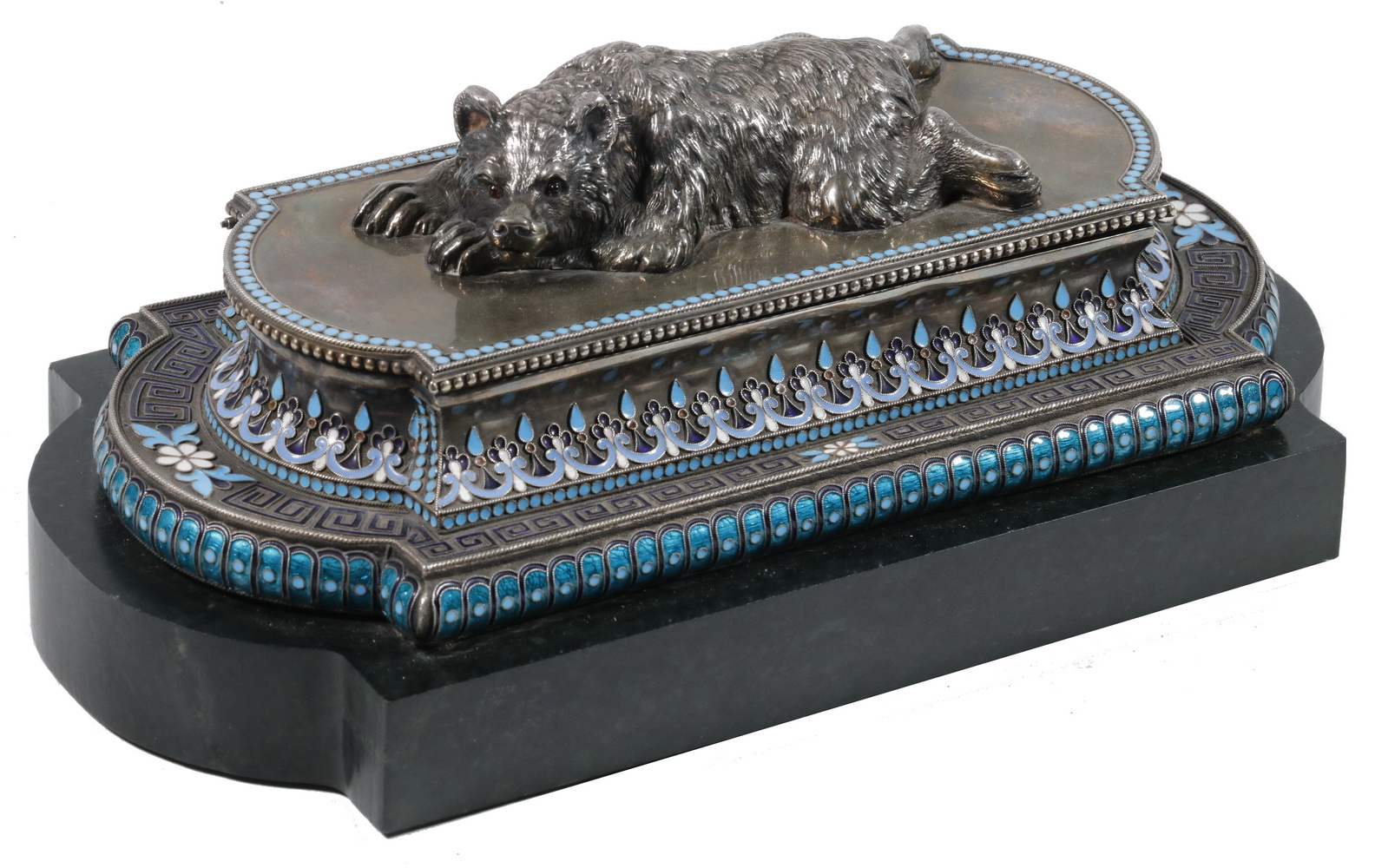 Appraisal: RUSSIAN ENAMELED SILVER INKWELL Russian -Silver and Cloisonne Enamel Figural