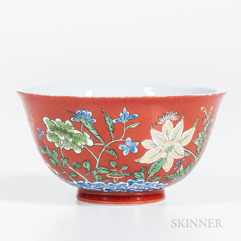 Appraisal: Falangcai Red-ground Bowl Falangcai Red-ground Bowl China Kangxi style upturned