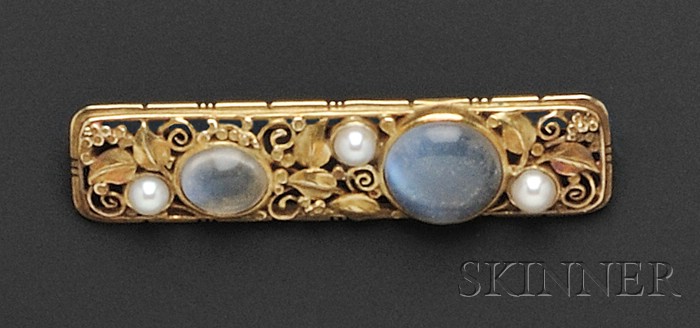 Appraisal: Arts Crafts kt Gold Moonstone and Cultured Pearl Brooch attributed