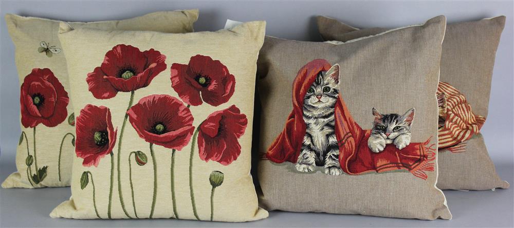 Appraisal: GROUP OF FOUR WOVEN CUSHIONS INCLUDING POPPIES AND KITTENS ALL