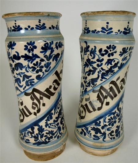 Appraisal: A pair of maiolica albarelli from Catalonia probably second half