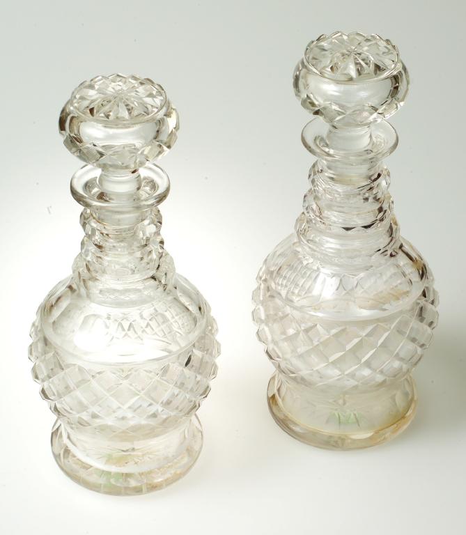 Appraisal: PAIR OF SUBSTANTIAL th CENTURY CUT-GLASS DECANTERS c of baluster