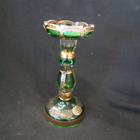 Appraisal: Moser Art Glass Candlestick Cathedral pattern emerald with heavy gold