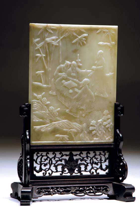 Appraisal: ANTIQUE JADE TABLESCREEN Thinly carved and translucent antique Chinese celadon