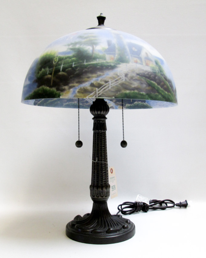 Appraisal: REVERSE PAINTED TABLE LAMP the frosted glass dome shade painted