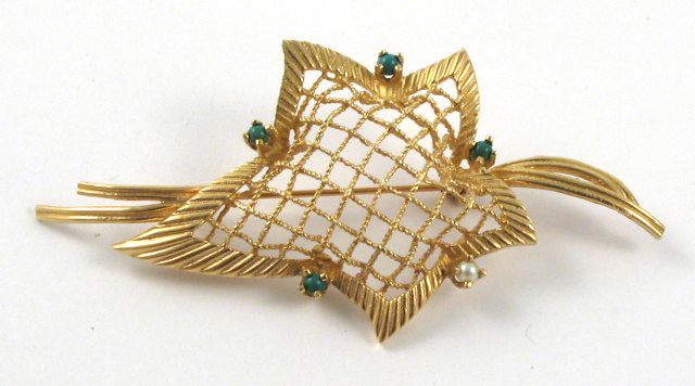 Appraisal: TURQUOISE AND SEED PEARL BROOCH k yellow gold set with