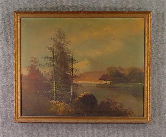 Appraisal: Oil on Canvas Lakeside Scene With cottage rocks and trees