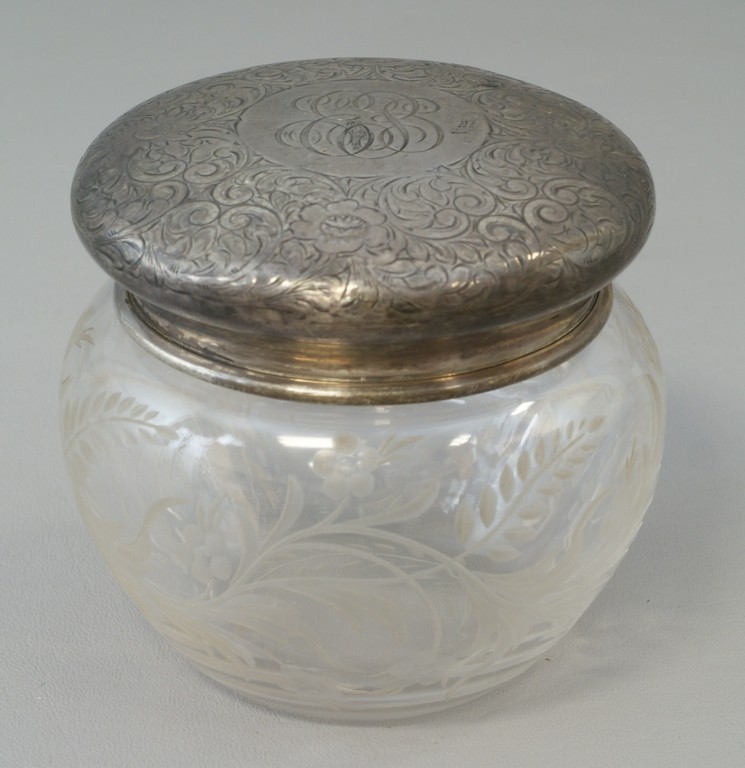 Appraisal: Engraved crystal dresser jar with engraved sterling silver lid marked