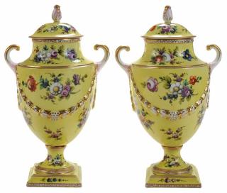 Appraisal: Pair Crown Dresden Hand Covered Urns German late th century