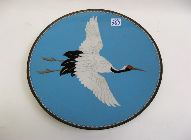 Appraisal: A ROUND JAPANESE CLOISONNE WALL PLAQUE of a Red-crowned Crane