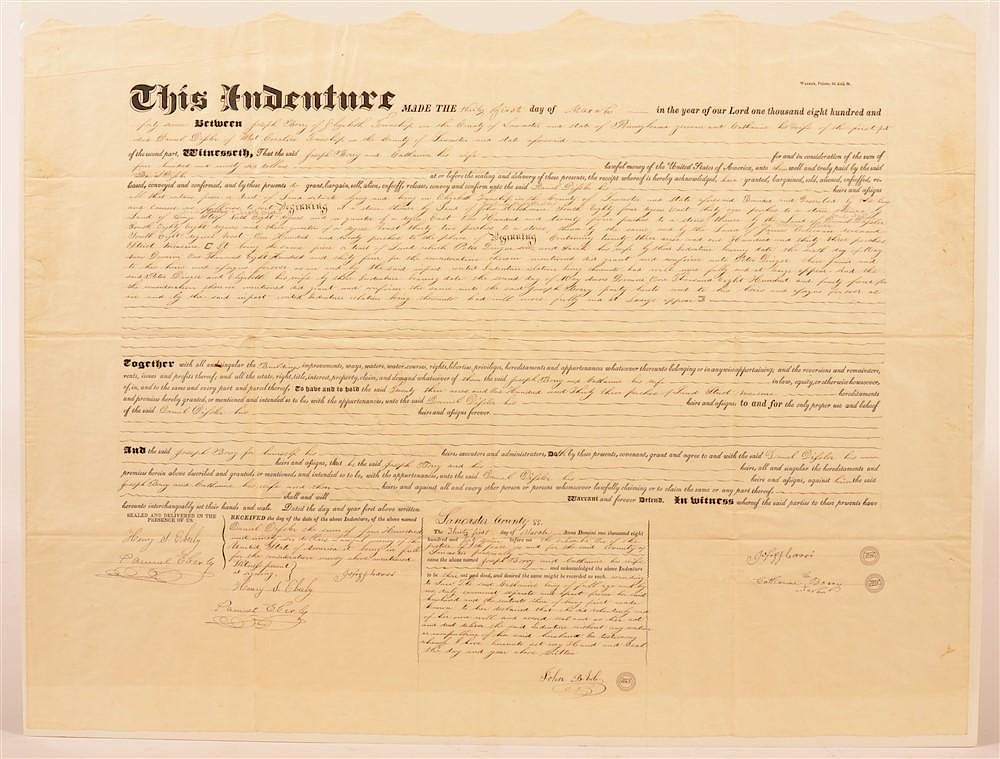 Appraisal: Printed and Hand Written Indenture Dated Printed and Hand Written