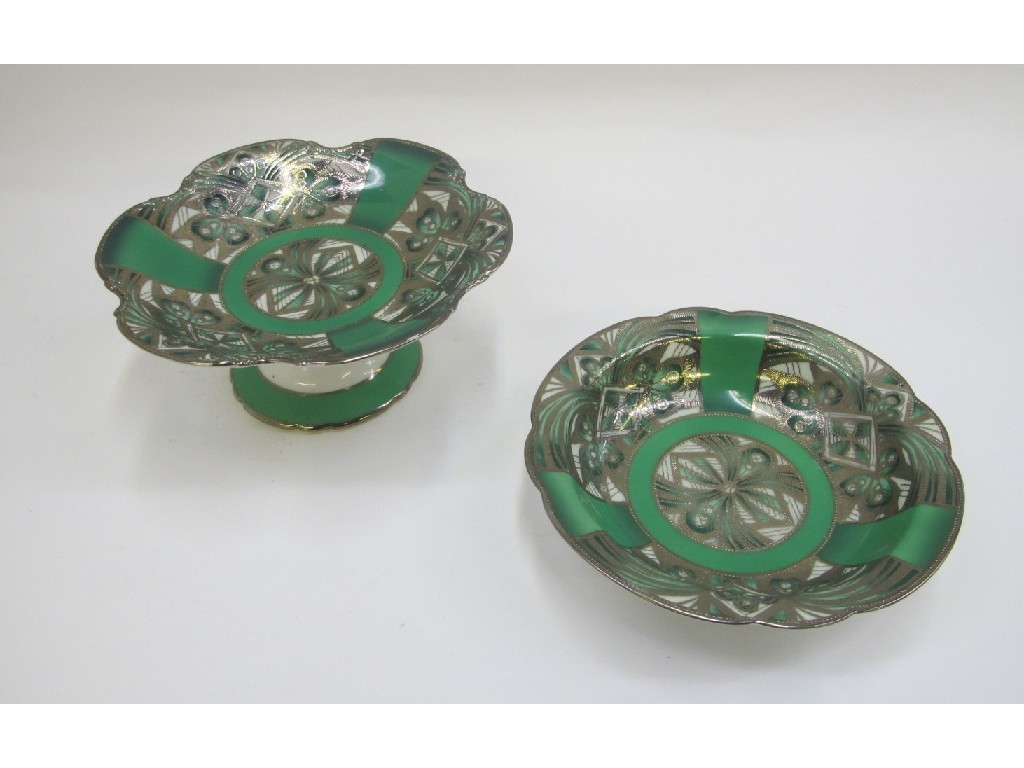 Appraisal: Noritake footed dish with green and silvered decoration and matching