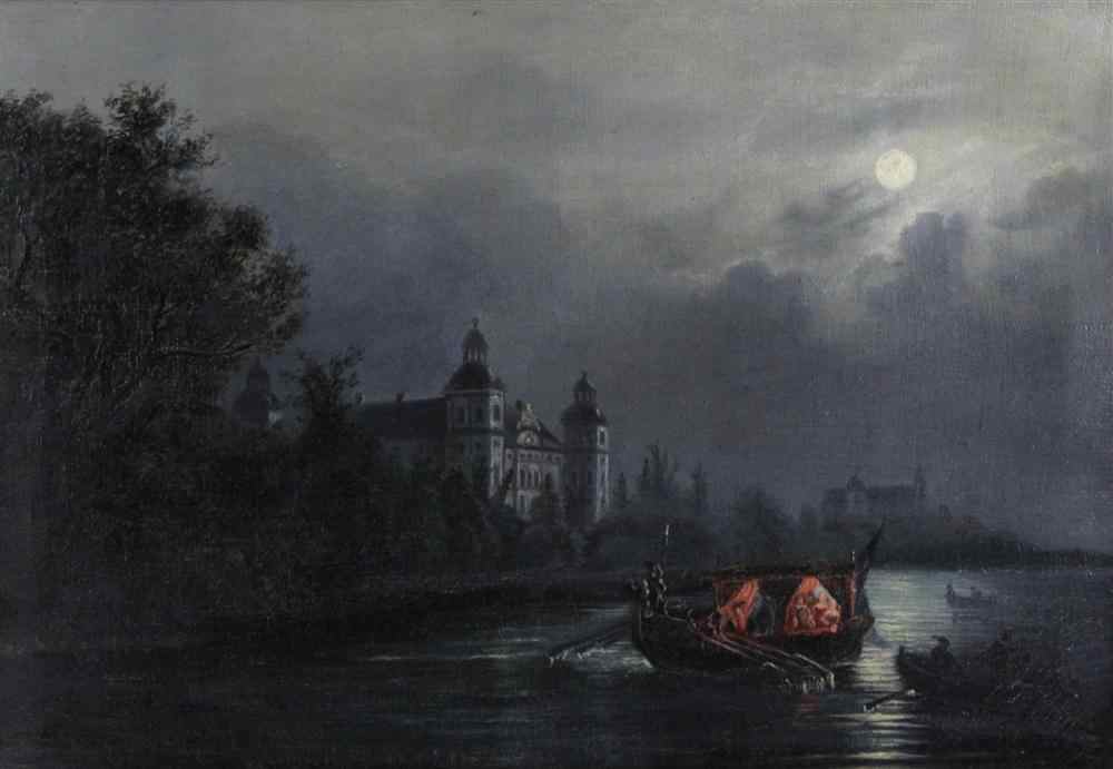 Appraisal: EUROPEAN SCHOOL TH CENTURY BARGE ON THE RIVER AT NIGHT