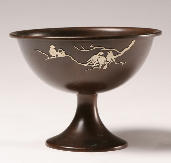 Appraisal: Heintz art metal bowl bronze base with sterling aviary overlay