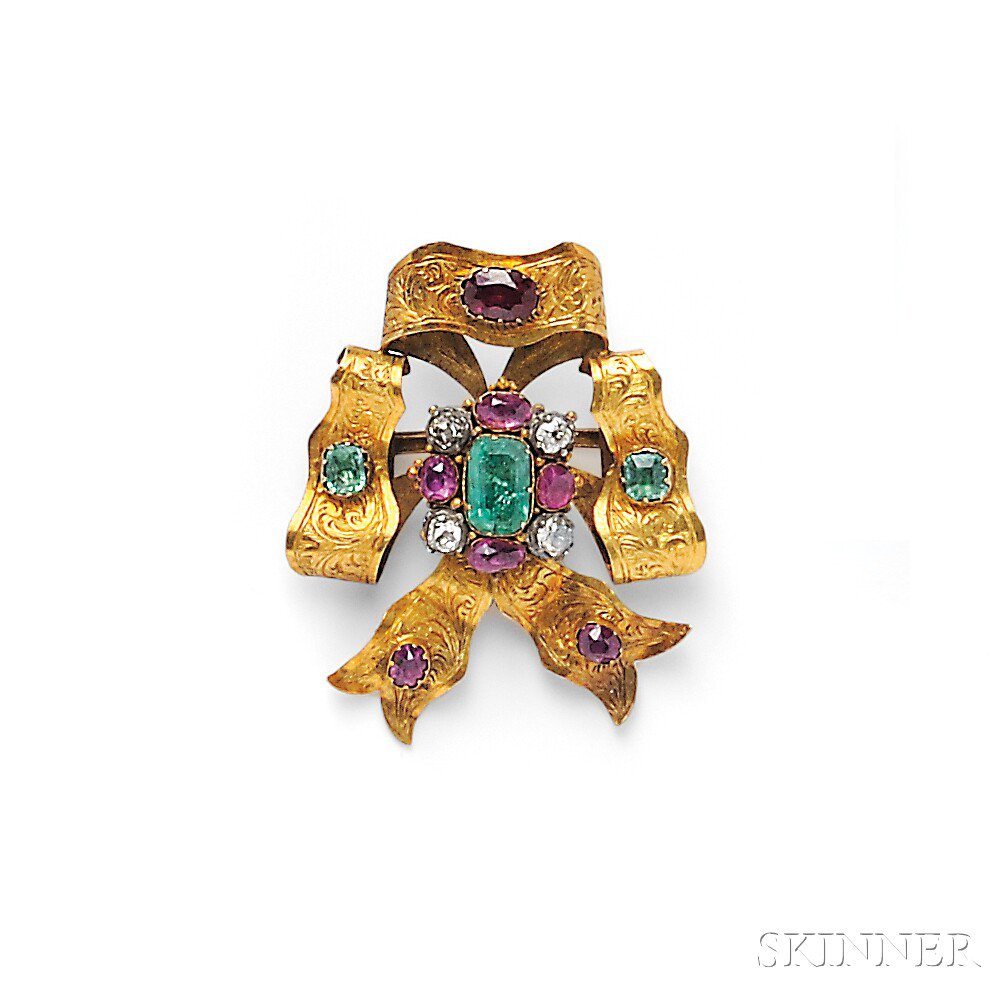 Appraisal: Antique Gold Gem-set Bow Brooch set with foil-back emeralds and