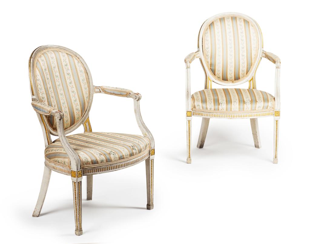 Appraisal: PAIR OF GEORGE III GREY PAINTED AND PARCEL GILT OPEN