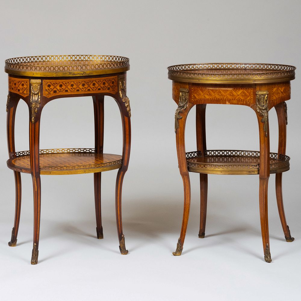 Appraisal: Two Similar Louis XV XVI Style Gilt-Metal-Mounted Parquetry Tables crire