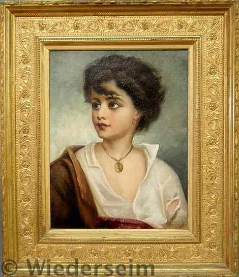 Appraisal: Oil on canvas portrait of a young Mediterranean woman late