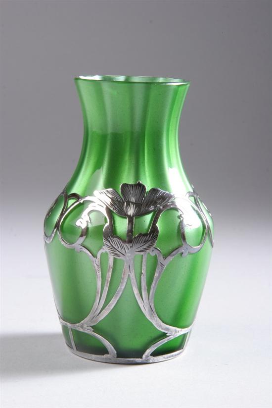 Appraisal: AMERICAN ART NOUVEAU STERLING OVERLAY GREEN GLASS VASE early th