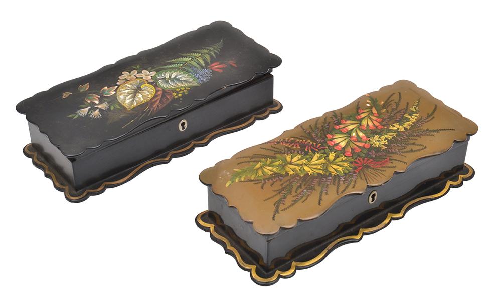 Appraisal: TWO VICTORIAN PAPIER MACHE GLOVE BOXES WITH FLORAL DECORATION LOSSES