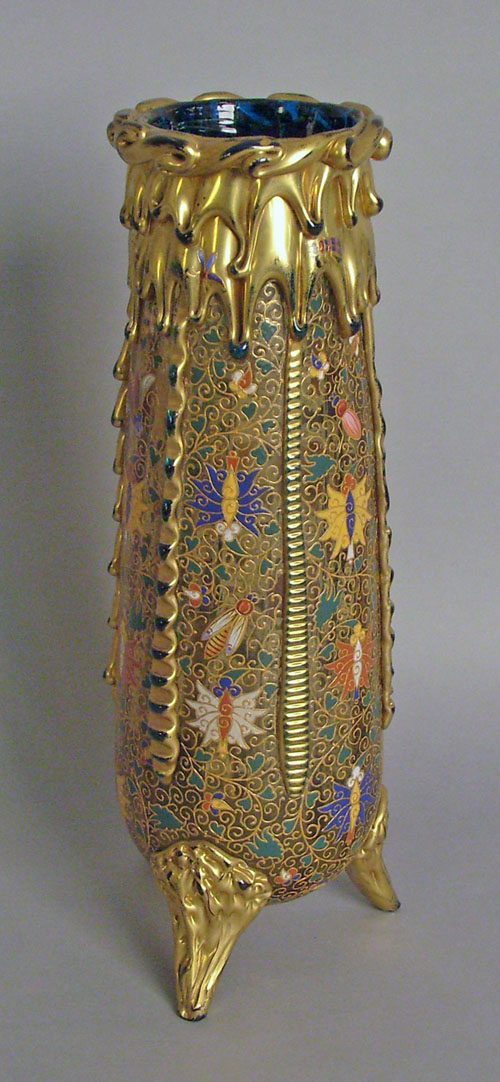 Appraisal: Large enamel decorated glass vase attributed to Moser h crack