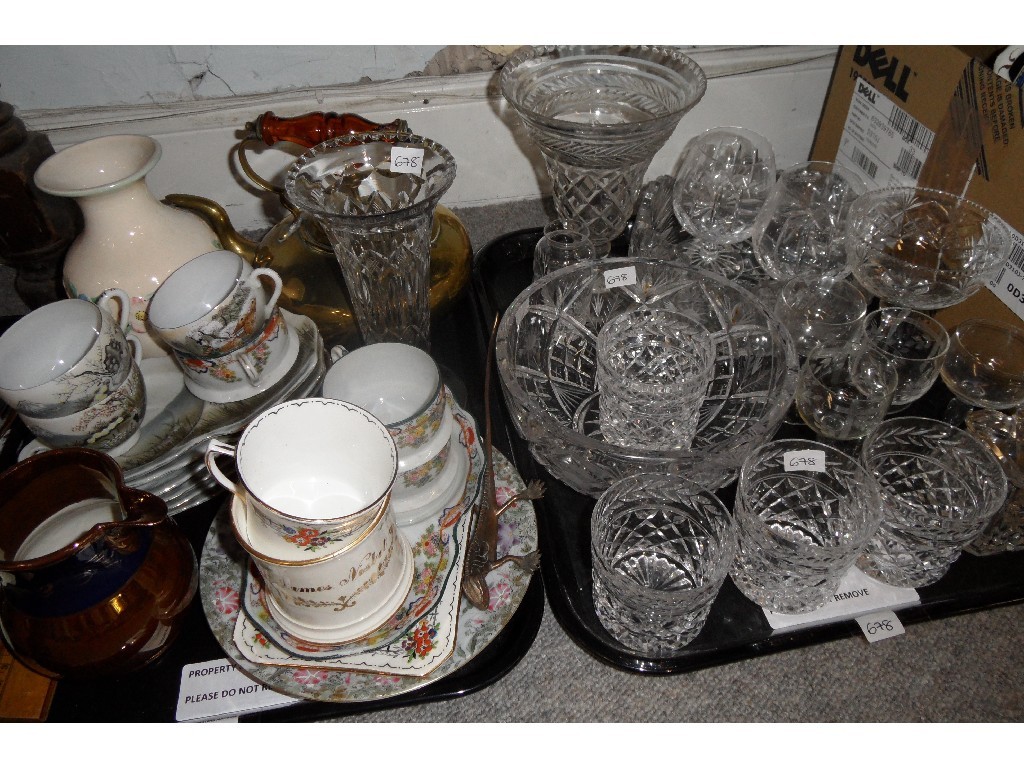 Appraisal: Lot comprising two trays to include crystal glassware brass kettle