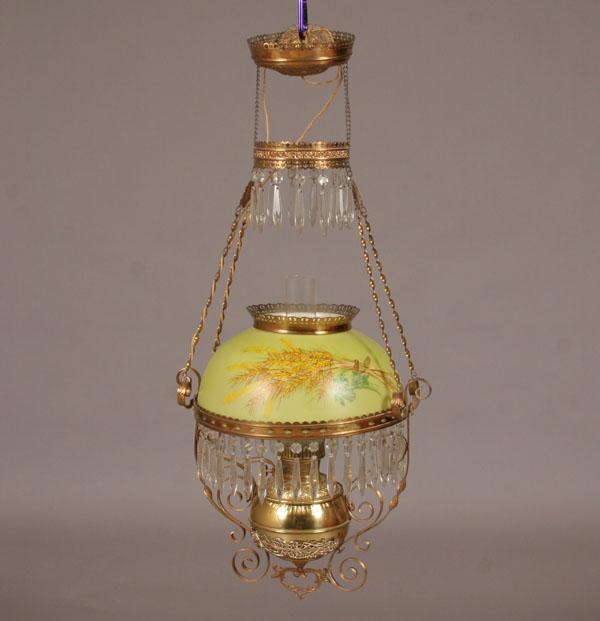 Appraisal: Bradley Hubbard Victorian hanging lamp hand painted chartreuse milk glass