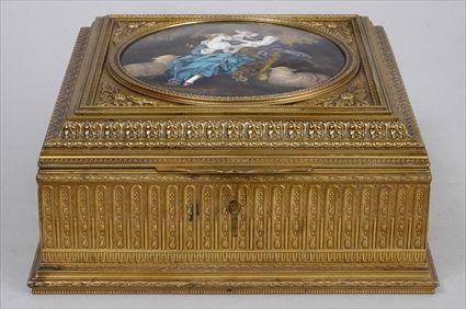 Appraisal: LOUIS XVI-STYLE LIMOGES ENAMEL-MOUNTED GILT-METAL JEWEL BOX The hinged lid