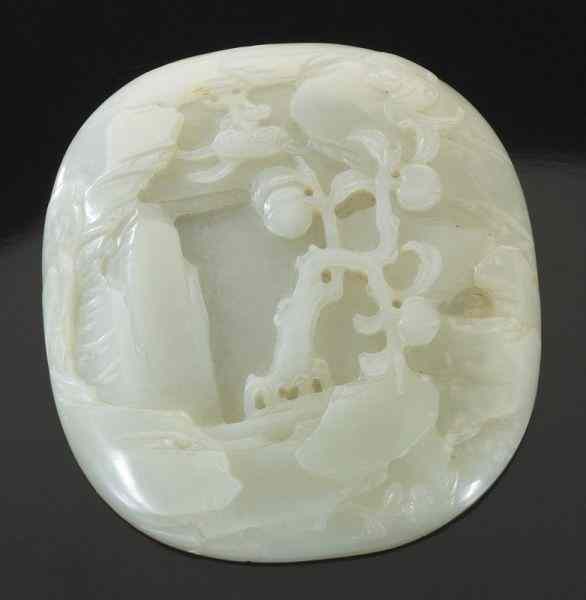 Appraisal: Chinese Qing Qianlong carved white jade plaque depicting a peach