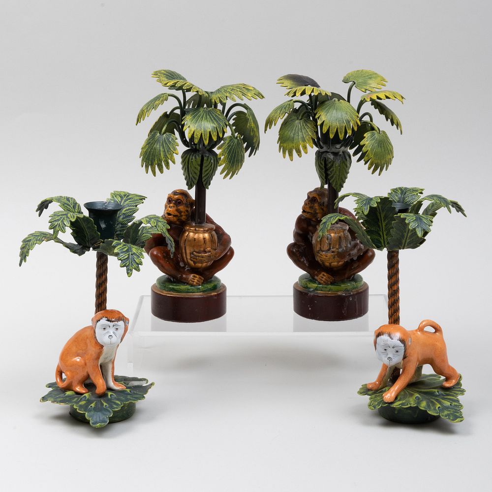 Appraisal: Two Pairs of T le and Ceramic Monkey and Palm