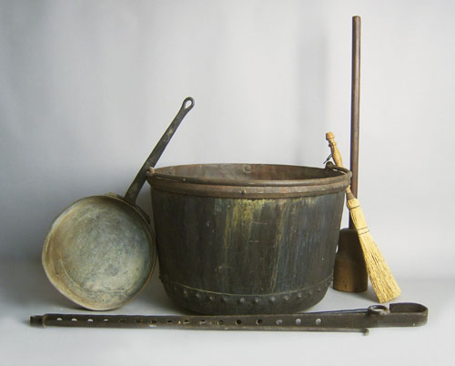 Appraisal: Iron apple butter kettle together with a skillet fireplace crane