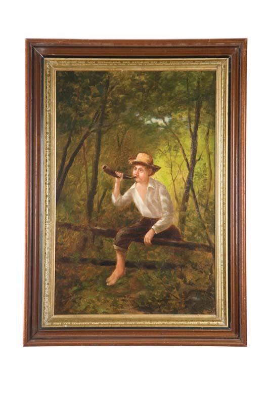 Appraisal: SCENE OF BOY WITH HORN AMERICAN SCHOOL LATE TH CENTURY