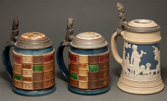 Appraisal: Three Villeroy Boch Mettlach pewter-mounted salt-glazed stoneware steins of half-liter