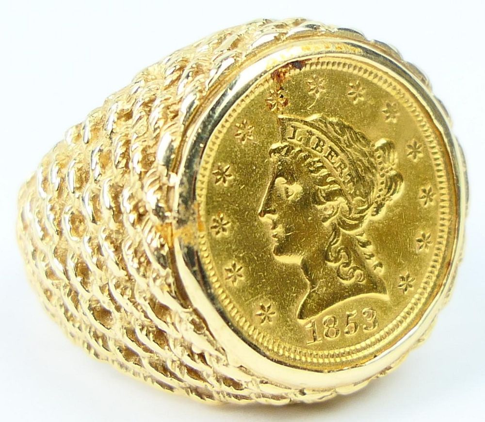 Appraisal: GENTS KT YELLOW GOLD AND GOLD COIN RING Size has