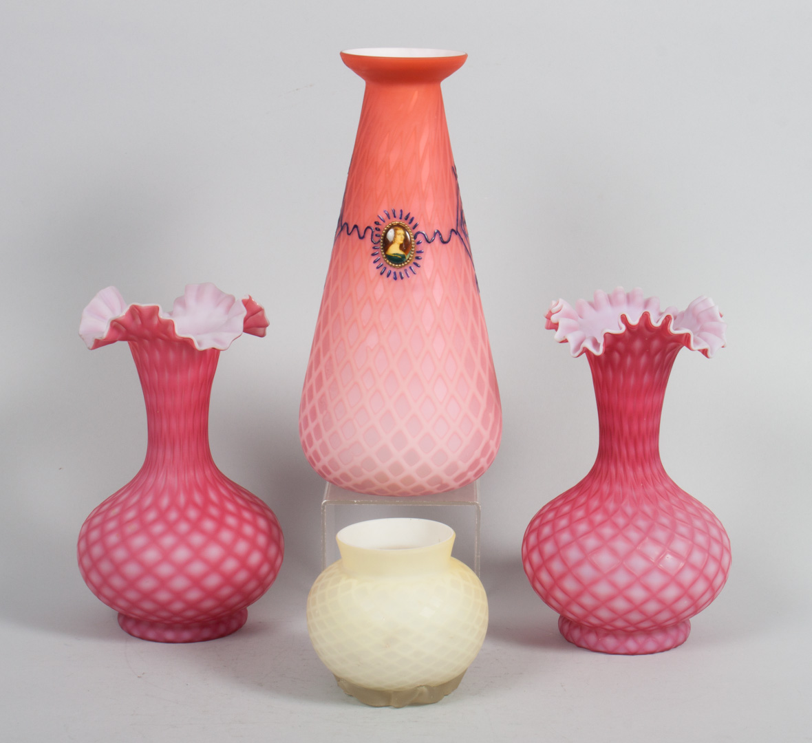 Appraisal: Four satin cased glass vases including pair of scalloped edge