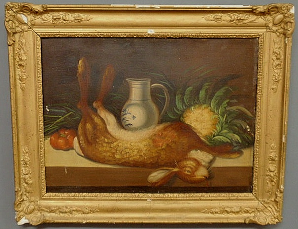 Appraisal: Oil on canvas still life painting of rabbit game and