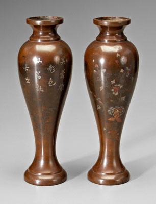 Appraisal: Pair Japanese inlaid bronze vases slender baluster forms with mirrored