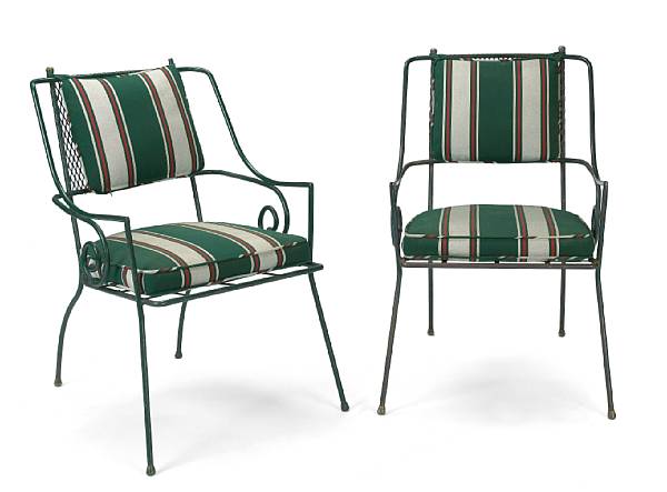 Appraisal: A set of ten green-painted and upholstered wrought-iron garden chairs