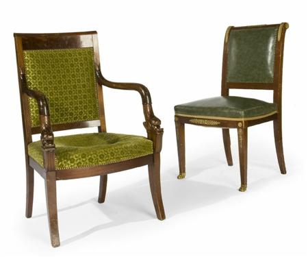 Appraisal: An Empire style mahogany salon armchair with padded back above