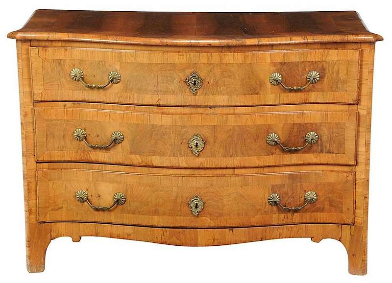 Appraisal: Continental Baroque Serpentine Burl Commode th century bookmatched figured walnut