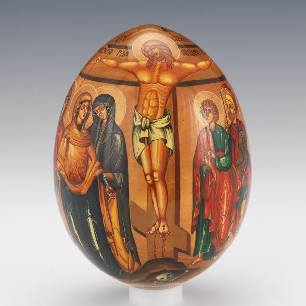 Appraisal: RUSSIAN HAND PAINTED EASTER EGG CRUCIFIXION OF THE CHRIST H